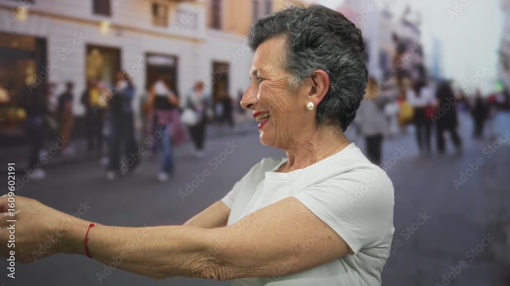 Senior woman with grey hair pointing while smiling outdoors in a vibrant urban street filled with people, capturing the lively city atmosphere. Senior woman with grey hair pointing while smiling outdoors in a vibrant urban street filled with people, capturing the lively city atmosphere.