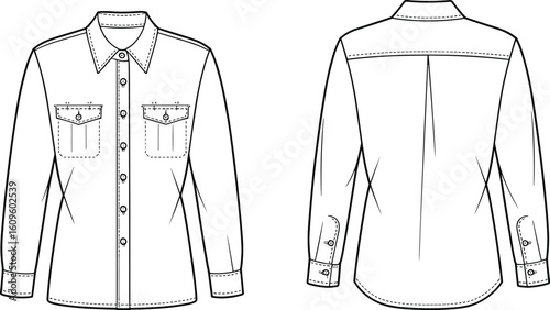 Western style denim shirt flat sketch with button front and flap pockets, fashion CAD drawing front and back views