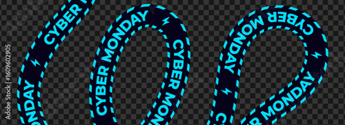 Cyber Monday Sale Ribbon Banner with Turquoise Text on Black Tape. Wavy Striped Advertising Design Isolated on White Background for Ecommerce, Promotions, and Shopping Ads. Vector Illustration