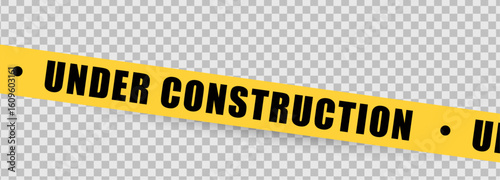Under construction sign with yellow warning tape safety stripe. Caution barrier stripe for safety zone, blocked area, website page, road work, site maintenance, redesign progress. Vector illustration.