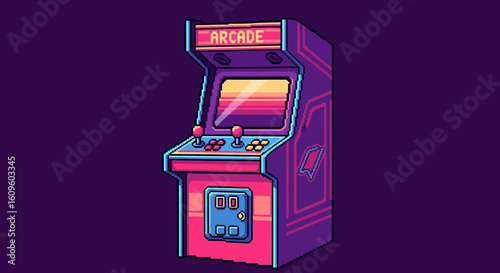 Retro pixel art arcade game machine, vibrant colors, classic design.