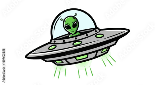 A cartoon alien pilots a flying saucer, emitting green beams.