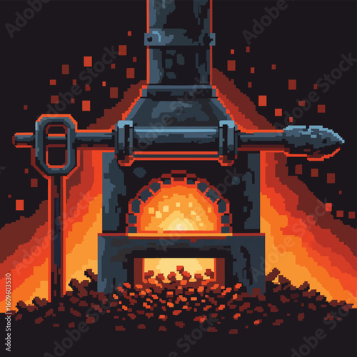 Pixel Art Blacksmith Forge with Glowing Coals and Tool.
