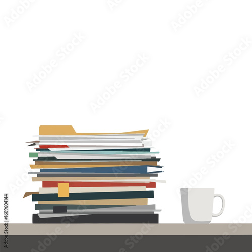A high stack of papers and folders, with a cup of coffee, signifying a cluttered workspace.