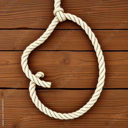 Rope noose on wooden table, top view. Space for text