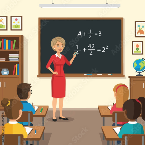 A female teacher in a classroom, writing equations on a chalkboard, instructing students in mathematics.