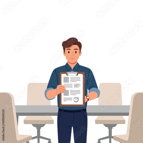 Businessman presenting a document in a meeting room setting.