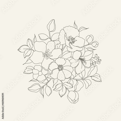 Hand drawn floral composition in line art style. Elegant simple delicate flowers and leaves. Trendy botanical element. Vector illustration for logo or tattoo, save the date card, wedding invitation