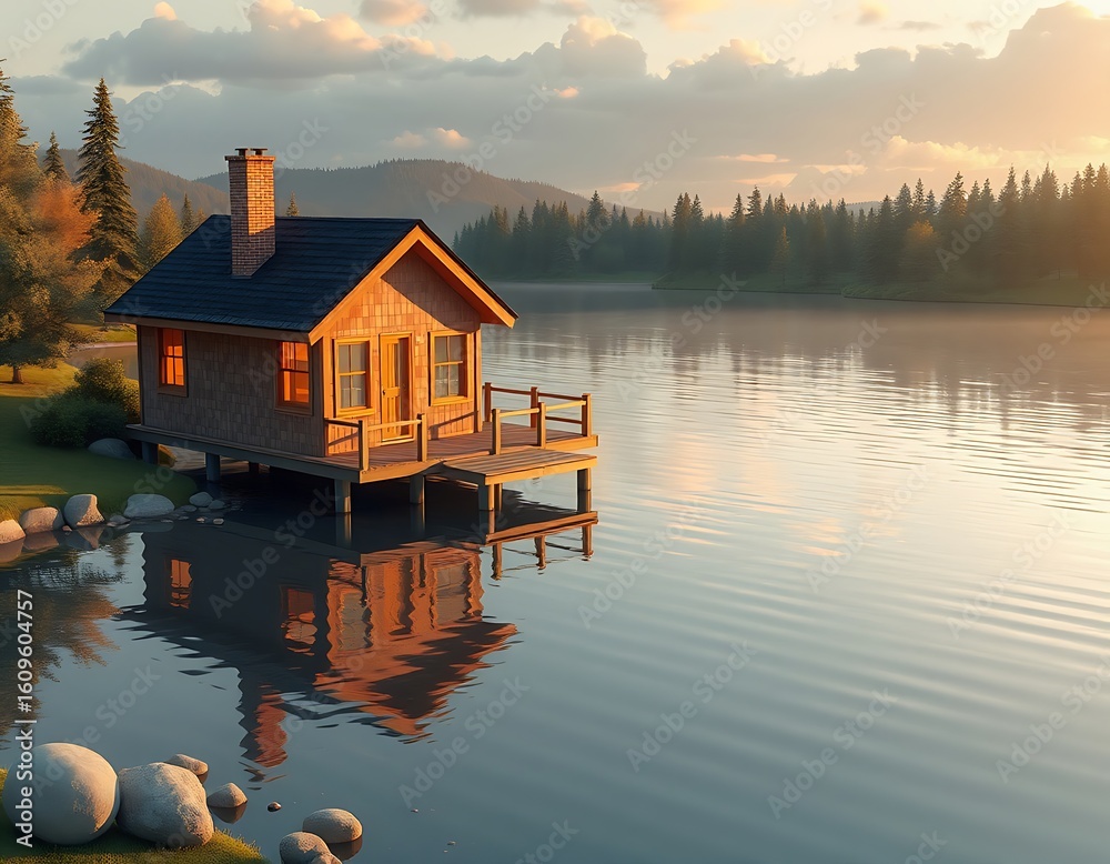 Fototapeta premium Serene Lakeside Cabin at Sunset