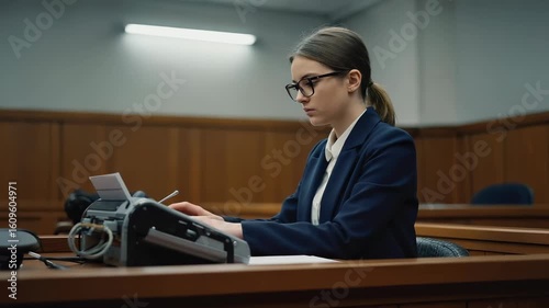 A young white female court reporter is focused on typing quickly on a stenograph machine. She wears glasses and is in a courtroom setting, capturing important legal information