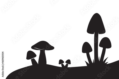 Set of natural and isolated mushrooms Black and light pink color, sprouts from the autumn forest. Seasonal hedgehog mushrooms, chanterelles, Vector flat illustration.   Nature illustration. Eps 10
