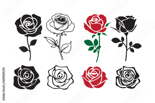 Set of Black and Red Rose Vector Icons. Victor illustration eps10