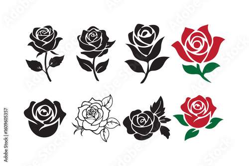 Set of Black and Red Rose Vector Icons. Victor illustration eps10