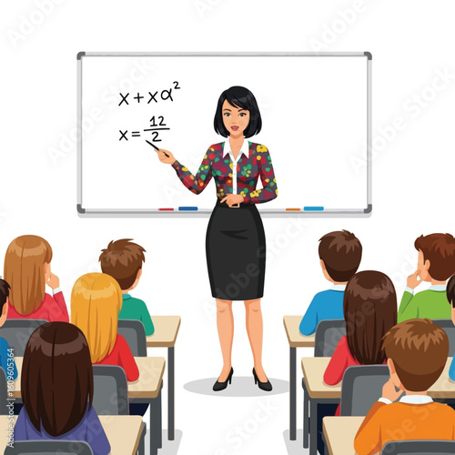 An animated female teacher explaining mathematics on a whiteboard to a classroom full of attentive students.