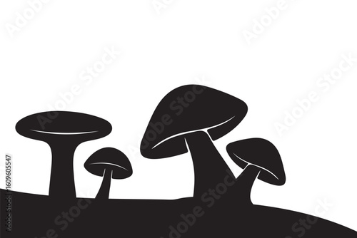 Set of natural and isolated mushrooms Black and light pink color, sprouts from the autumn forest. Seasonal hedgehog mushrooms, chanterelles, Vector flat illustration.   Nature illustration. Eps 10