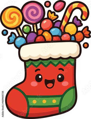 Christmas sock with candies flat vector icon illustration for sticker, logo, book, t-shirt and more print or digital design