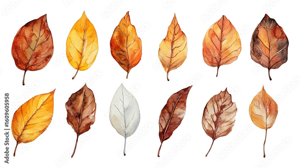 Fototapeta premium Watercolor autumn leaves collection: golden, brown, and beige tones.