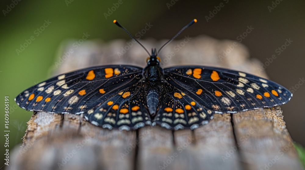 Obraz premium Close-up macro image of a black butterfly with orange and white markings, perched on weathered wood 
