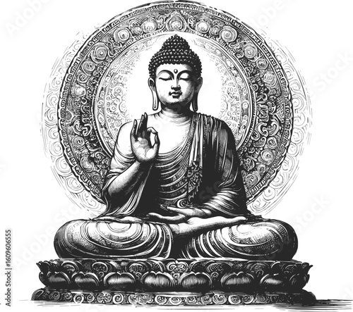 Path to Peace: A Moment in Meditation buddha statue linework vintage ink sketch hand drawn bread pen drawing illustration background vector