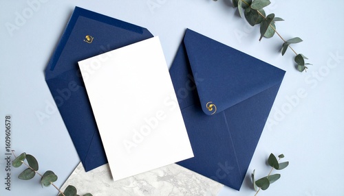 Elegant wedding invitation mockup with navy blue envelopes, a blank card for text, and fresh eucalyptus accents