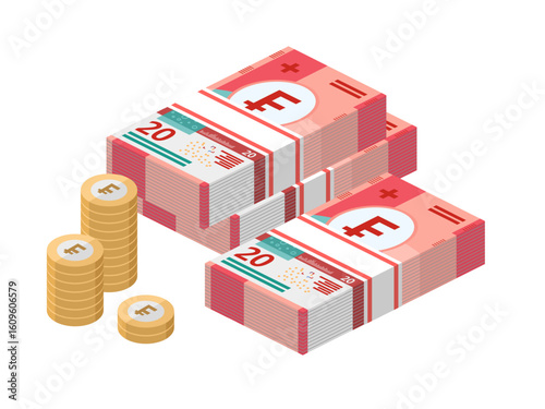 Isometric stacks of Swiss franc banknones. Paper money 20 CHF. Official currency cash. Flat style. Simple minimal design. Vector illustration.
