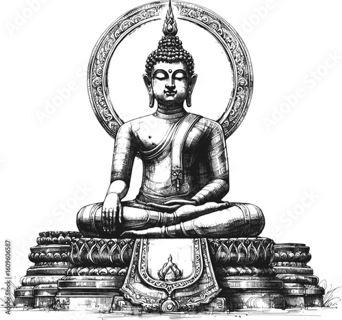 The Art of Devotion buddha statue linework vintage ink sketch hand drawn bread pen drawing illustration background vector