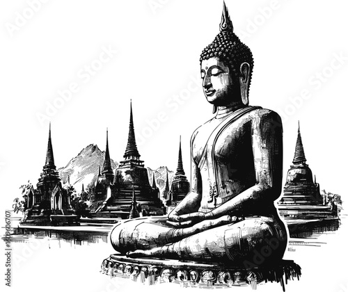 Breath Carved in Stone buddha statue linework vintage ink sketch hand drawn bread pen drawing illustration background vector