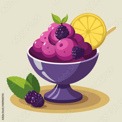Purple berry smoothie bowl with lemon slice and blackberries. Delicious dessert dish presented with vibrant colors and appetizing detail.