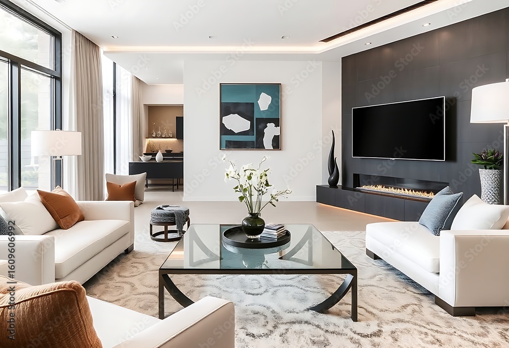 Fototapeta premium Modern Luxury Living Room Interior with Fireplace and Contemporary Decor