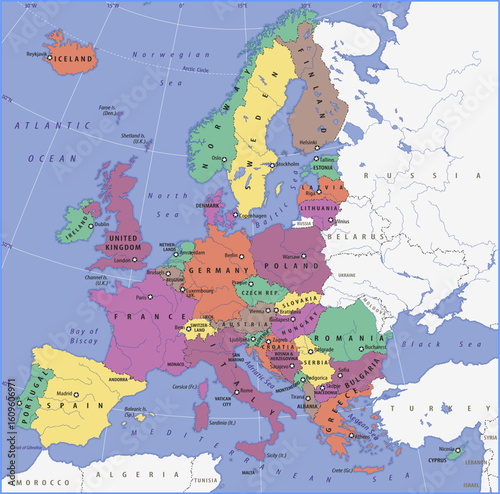 Vector political world map of europe. Geography fragment of european region with river, sea, country: france, germany, greece, poland, united kingdom, finland, sweden, norway, spain, portugal, romania
