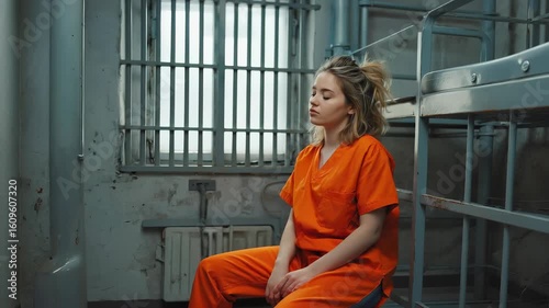 In a small prison cell, a young female inmate with messy blonde hair sits quietly, contemplating her situation surrounded by steel bunk beds and faded walls