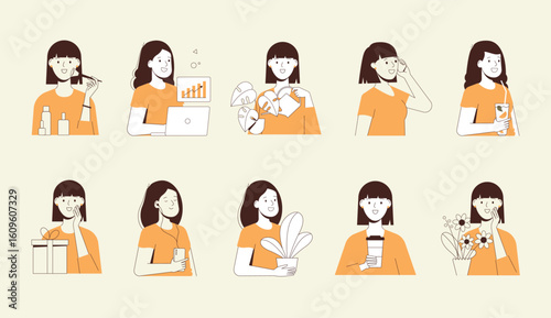 Multi scene girl character set. A versatile collection showing one stylish woman in 10 daily situations. Perfect for ads, blogs, apps, and commercial projects.