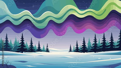 Abstract illustration of northern lights over a snowy landscape with evergreen trees