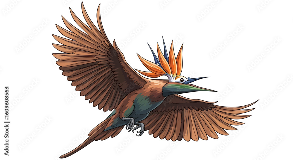 Fototapeta premium Bird in Flight with Exotic Flower Crown