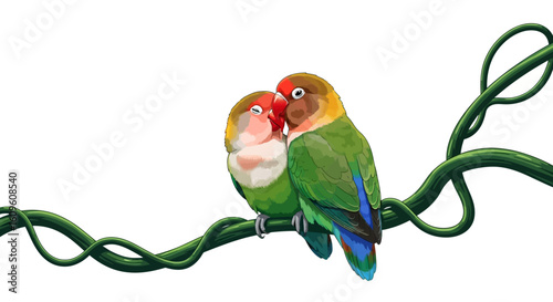 Affectionate Lovebirds Perched on a Green Vine