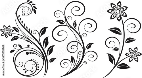 Ornamental design elements - a collection of ornate black and white floral vector elements. Each design should feature intricate swirls, curls, and botanical motifs such as leaves, vines, petals, and 