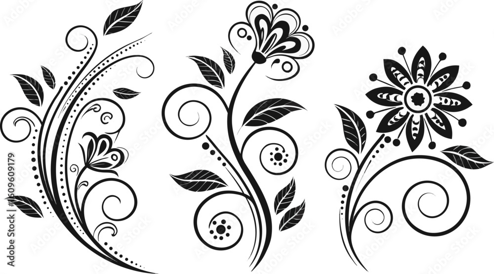 Ornamental design elements - a collection of ornate black and white floral vector elements. Each design should feature intricate swirls, curls, and botanical motifs such as leaves, vines, petals, and 
