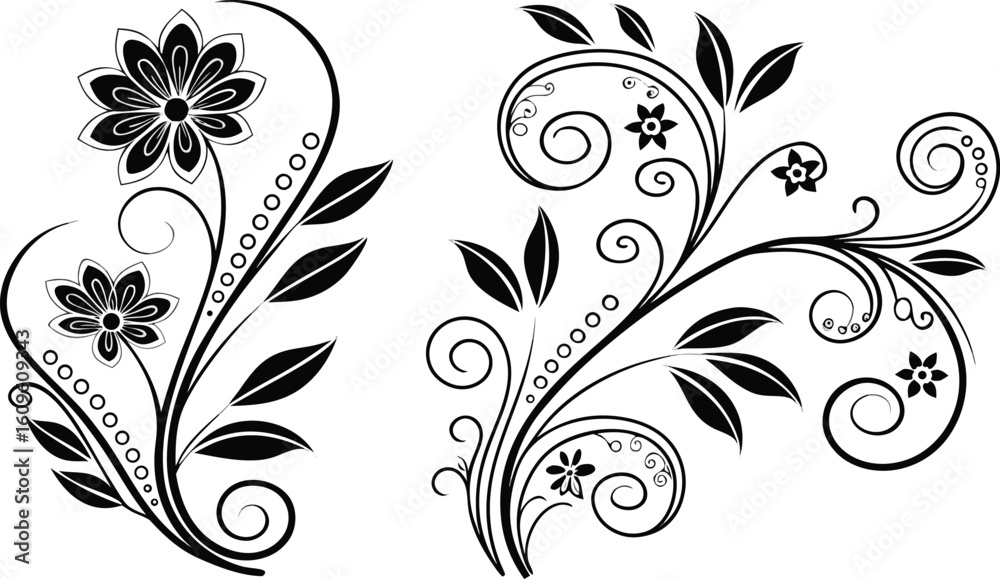 Ornamental design elements - a collection of ornate black and white floral vector elements. Each design should feature intricate swirls, curls, and botanical motifs such as leaves, vines, petals, and 