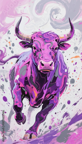 Illustration of a pink bull running forward in the style of oil painting. Impressionism. Vector graphics. EPS.