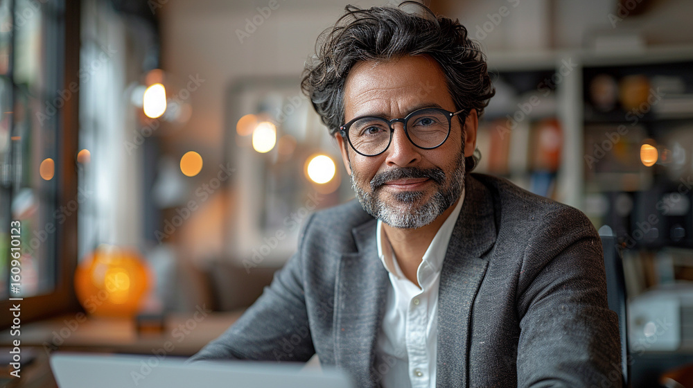 Obraz premium Authentic Indian businessman in 30s focused at laptop in office, clean work desk