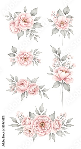 Watercolor Pink Roses and Grey Leaves Collection Delicate Floral Arrangements on White Background for Wedding Invitations and Stationary Designs