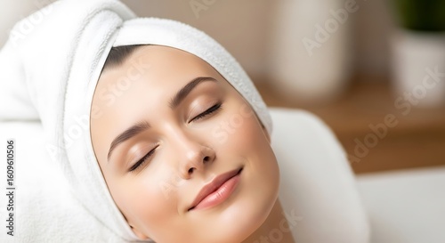 Close-up of a woman's face with a towel on her head.