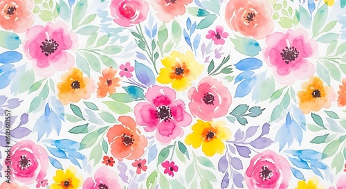 Wallpaper Mural Watercolor Floral Pattern with Pink Orange and Yellow Flowers for Textile Prints and Spring Decor Springtime Watercolor Background Torontodigital.ca