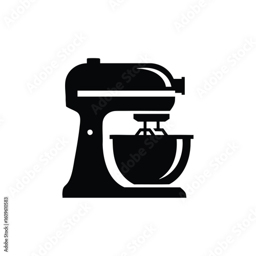 Black Stand Mixer Silhouette with Bowl and Whisk Icon.