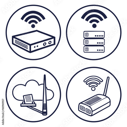 Comprehensive networking icon set featuring connectivity and technology symbols