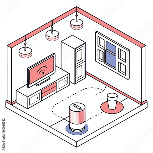 Isometric living room scene with a tv cabinet window lights and a smart speaker showing a dotted path