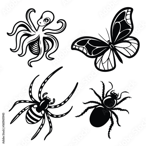 Octopus butterfly spider insect tattoo design black