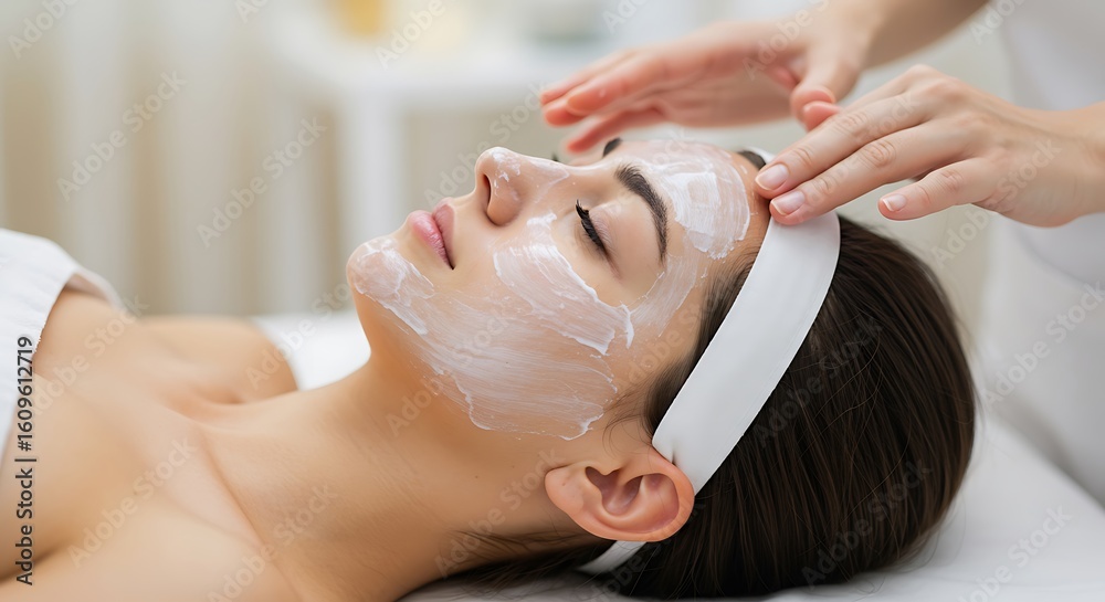 Naklejka premium Woman receiving a facial treatment with a white mask.