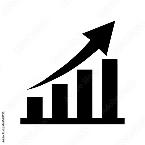 Upward arrow breaking bar chart symbol shown in clean flat silhouette style for success concept