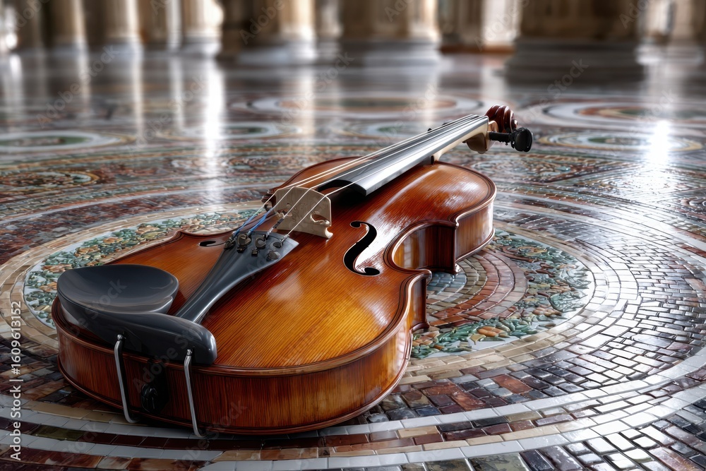 Fototapeta premium Violin resting on intricate mosaic floor in historic building